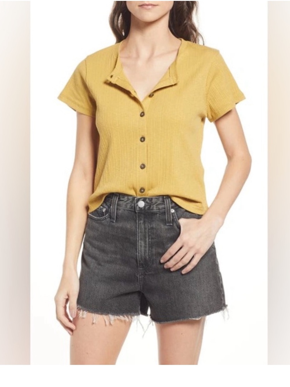 Madewell Pointelle Mustard Short-Sleeve Button Front Ribbed Top, Size XL